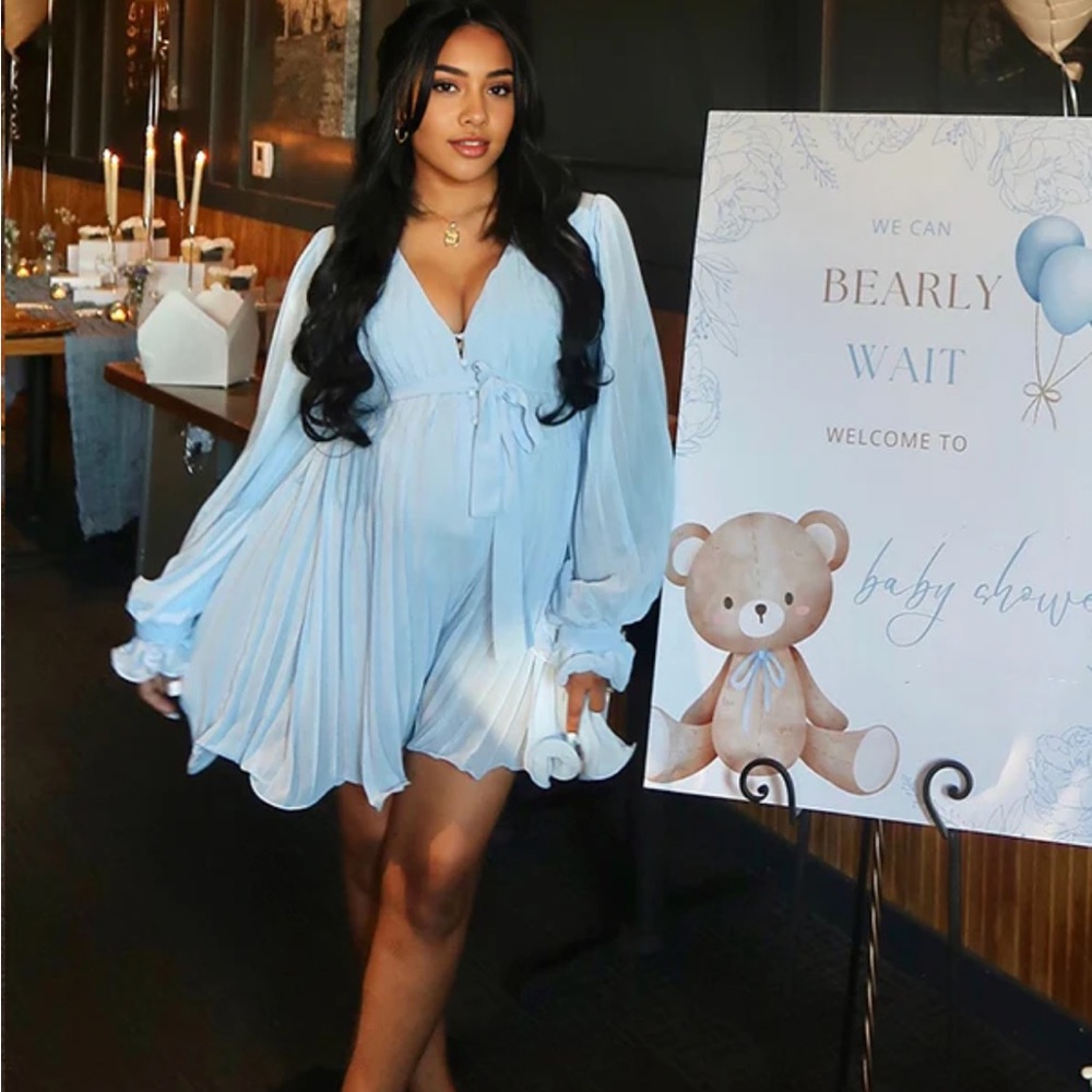 Blue Pleated Belt Single Breasted Elegant jumpsuit (maternity)